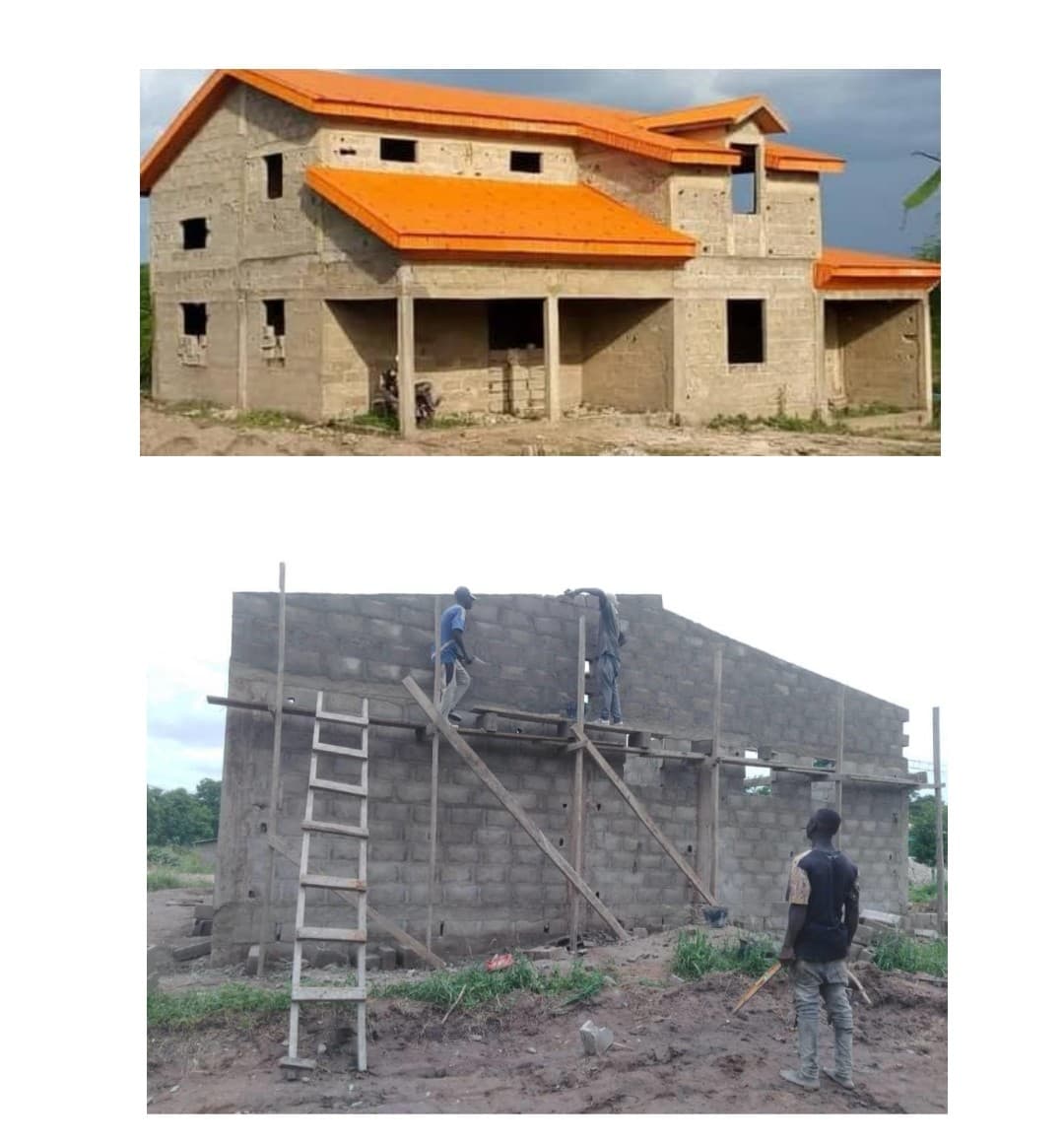 Bâtiment en cours de construction avec toiture orange